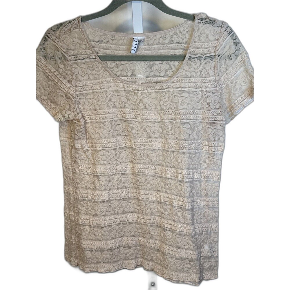 Elle Beige Lace Top M Women Sheer Festival Layering coquette Romantic